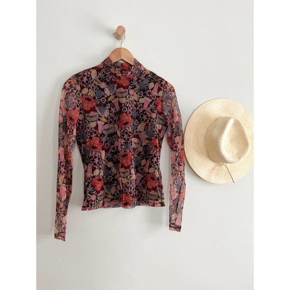 Anthropologie | Gauzy Turtleneck | Burgundy floral | Sz XS - Picture 2 of 9